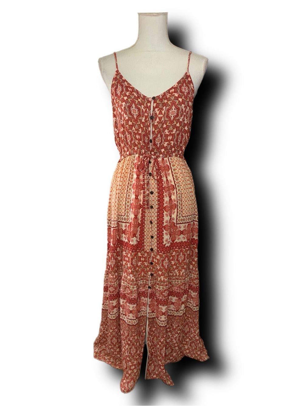 Patrons of Peace Burnt Orange Boho Button-Up Maxi Dress Patchwork Print Hippie